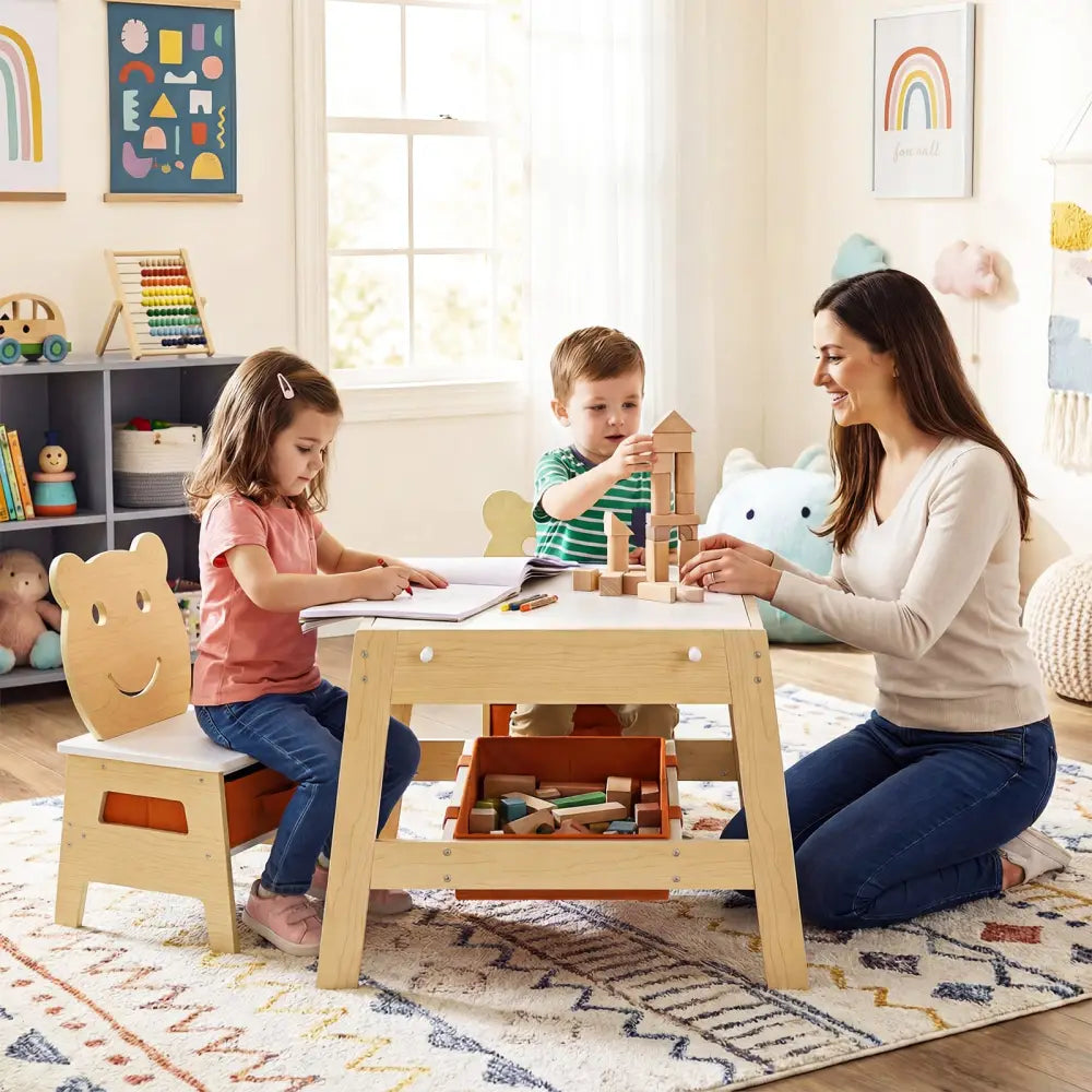 Toddler Table and 2 Chairs 5-in-1 Cute Art Desk Set with Reversible Chalkboard Whiteboard-Natural - Natural - Kids