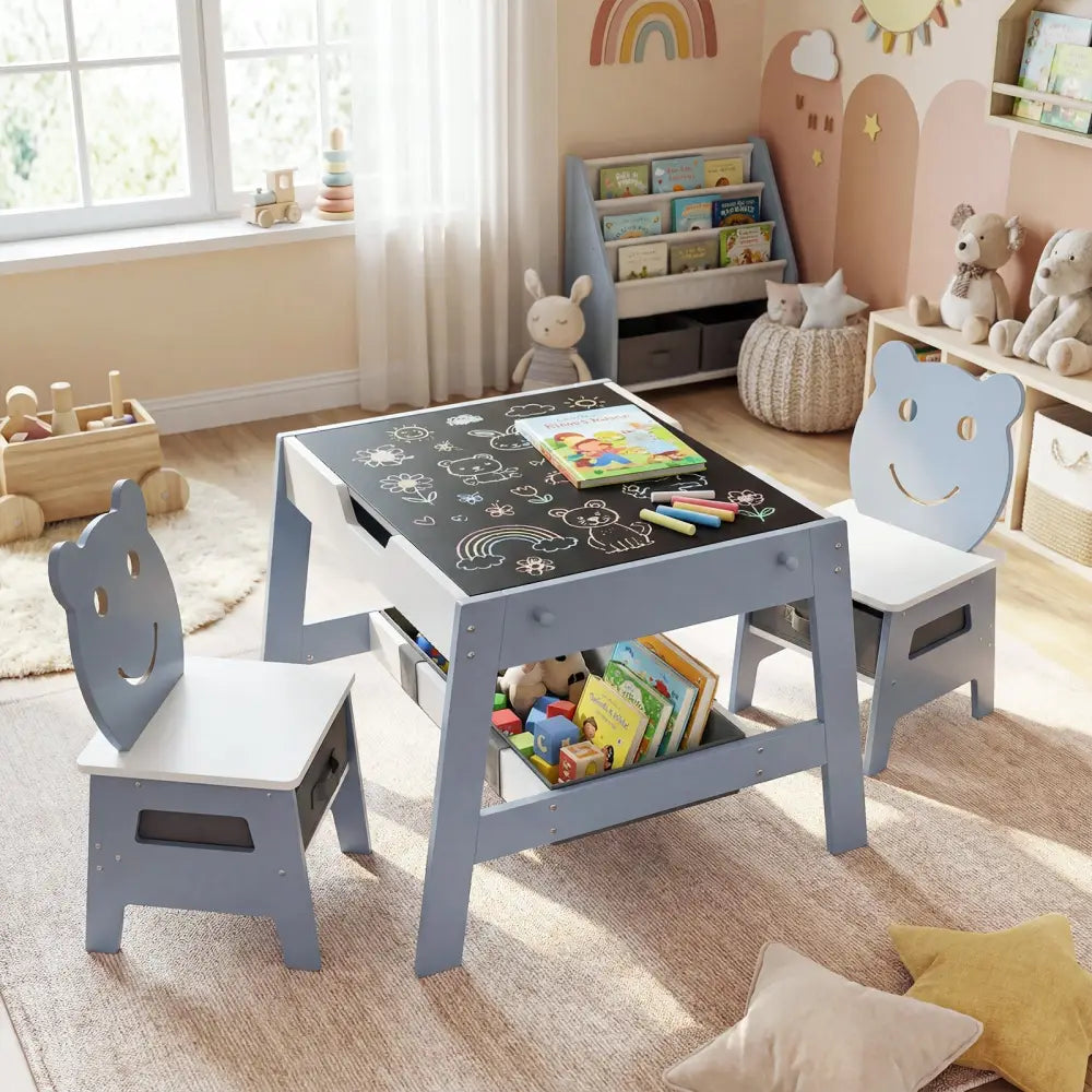 Toddler Table and 2 Chairs 5-in-1 Cute Art Desk Set with Reversible Chalkboard Whiteboard-Grey - Gray - Kids Table &