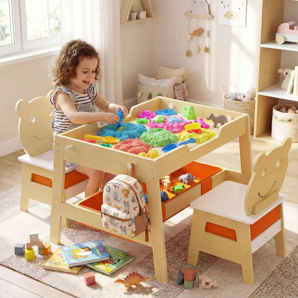 Toddler Table and 2 Chairs 5-in-1 Cute Art Desk Set with Reversible Chalkboard Whiteboard-Natural - Natural - Kids