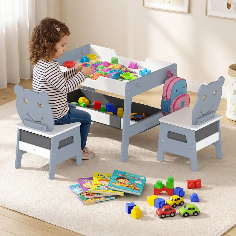 Toddler Table and 2 Chairs 5-in-1 Cute Art Desk Set with Reversible Chalkboard Whiteboard-Grey - Gray - Kids Table &