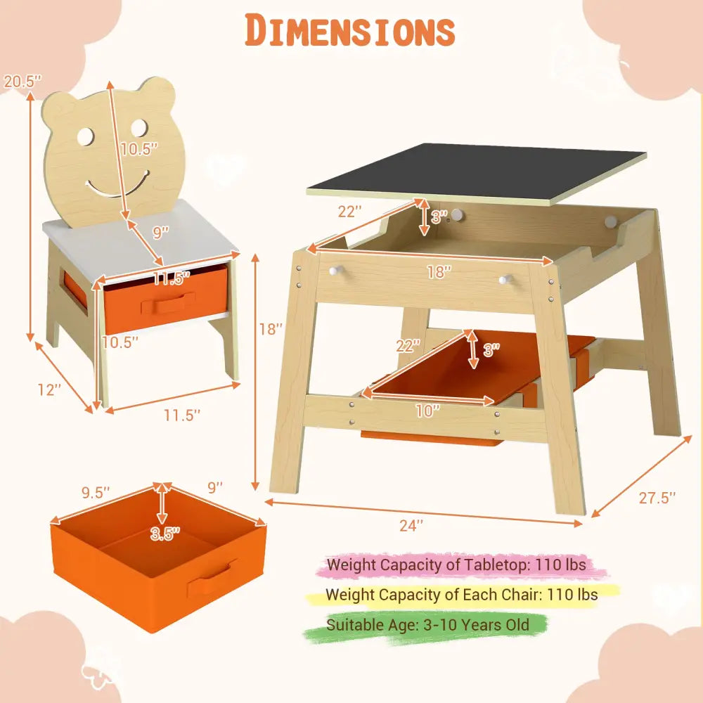 Toddler Table and 2 Chairs 5-in-1 Cute Art Desk Set with Reversible Chalkboard Whiteboard-Natural - Natural - Kids