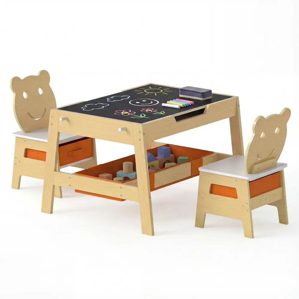 Toddler Table and 2 Chairs 5-in-1 Cute Art Desk Set with Reversible Chalkboard Whiteboard-Natural - Natural - Kids