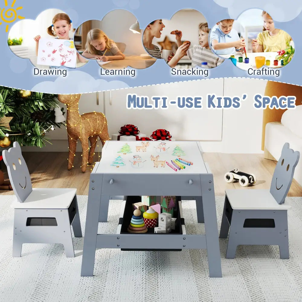Toddler Table and 2 Chairs 5-in-1 Cute Art Desk Set with Reversible Chalkboard Whiteboard-Grey - Gray - Kids Table &