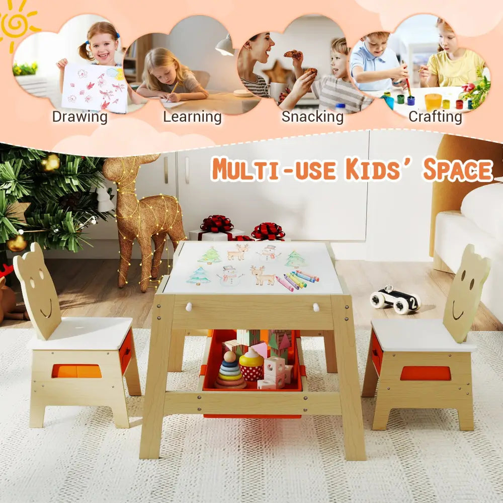 Toddler Table and 2 Chairs 5-in-1 Cute Art Desk Set with Reversible Chalkboard Whiteboard-Natural - Natural - Kids