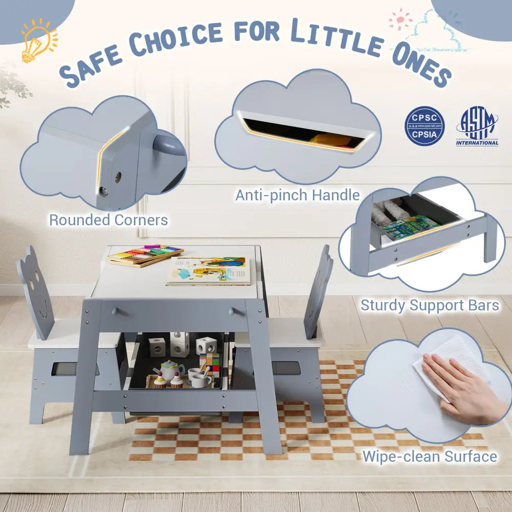 Toddler Table and 2 Chairs 5-in-1 Cute Art Desk Set with Reversible Chalkboard Whiteboard-Grey - Gray - Kids Table &