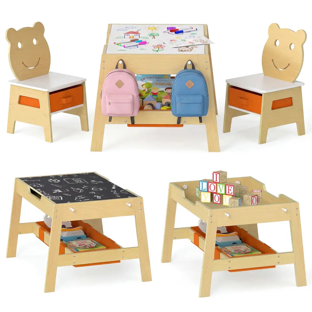 Toddler Table and 2 Chairs 5-in-1 Cute Art Desk Set with Reversible Chalkboard Whiteboard-Natural - Natural - Kids