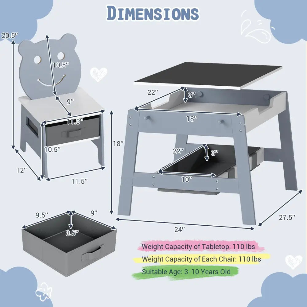 Toddler Table and 2 Chairs 5-in-1 Cute Art Desk Set with Reversible Chalkboard Whiteboard-Grey - Gray - Kids Table &