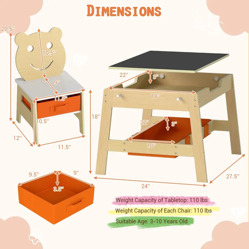 Toddler Table and 2 Chairs 5-in-1 Cute Art Desk Set with Reversible Chalkboard Whiteboard-Natural - Natural - Kids