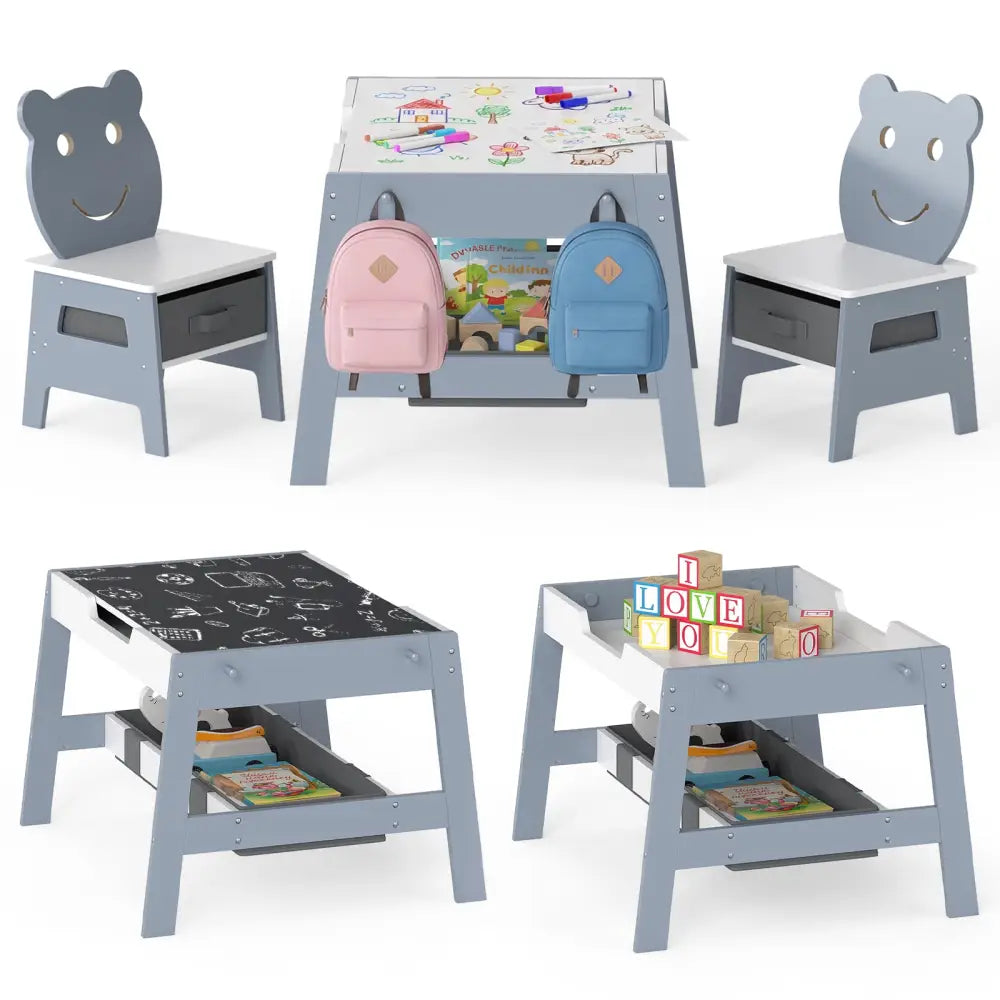 Toddler Table and 2 Chairs 5-in-1 Cute Art Desk Set with Reversible Chalkboard Whiteboard-Grey - Gray - Kids Table &