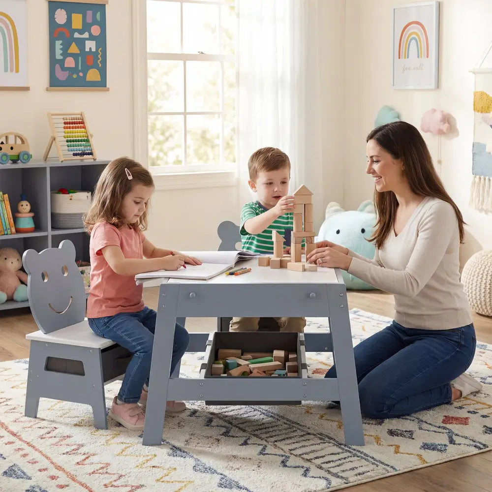 Toddler Table and 2 Chairs 5-in-1 Cute Art Desk Set with Reversible Chalkboard Whiteboard-Grey - Gray - Kids Table &