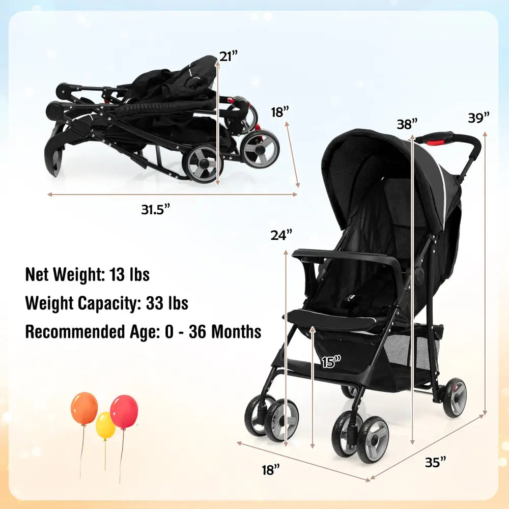 Toddler Travel Stroller for Airplane with Canopy and Adjustable Backrest-Black - Black - Baby Strollers