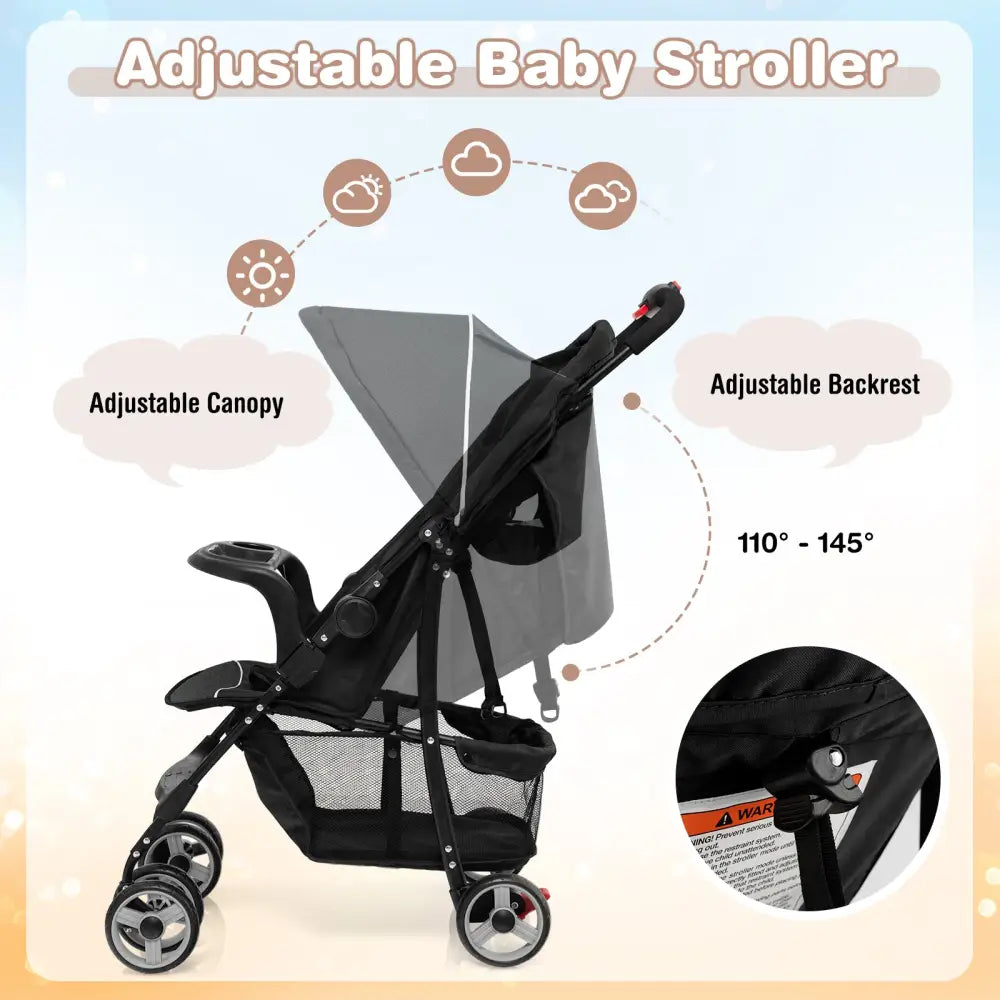 Toddler Travel Stroller for Airplane with Canopy and Adjustable Backrest-Black - Black - Baby Strollers