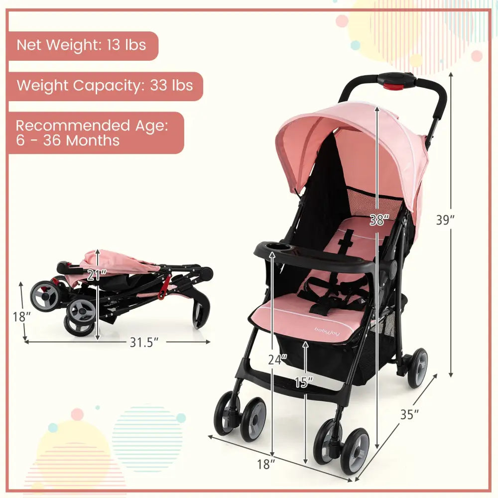 Toddler Travel Stroller for Airplane with Canopy and Adjustable Backrest-Pink - Pink - Baby Strollers