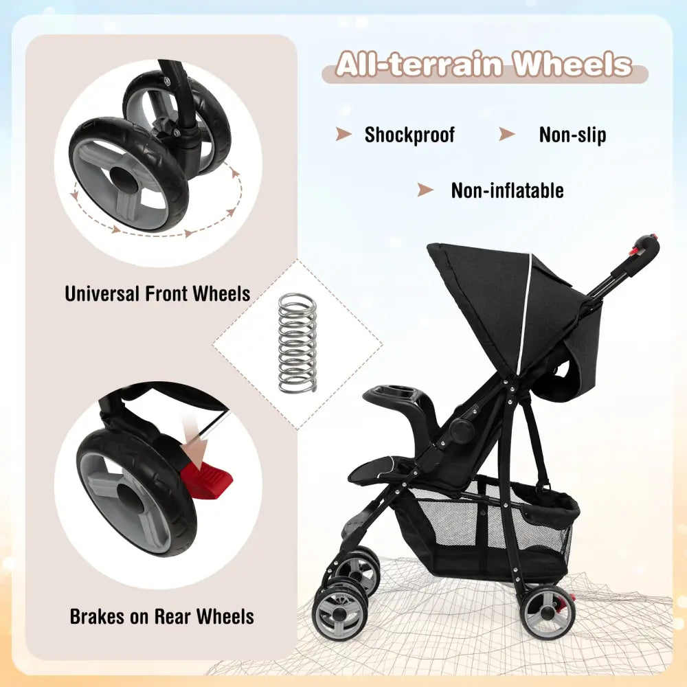 Toddler Travel Stroller for Airplane with Canopy and Adjustable Backrest-Black - Black - Baby Strollers