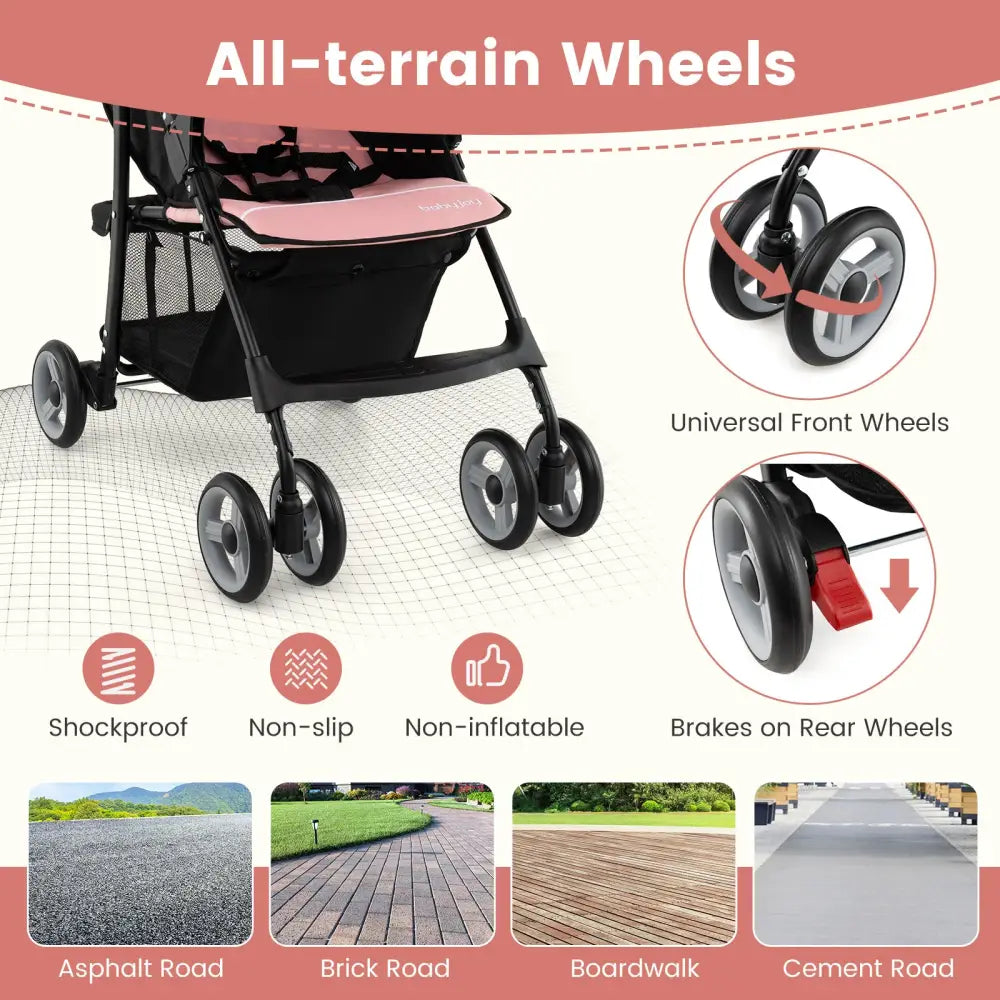 Toddler Travel Stroller for Airplane with Canopy and Adjustable Backrest-Pink - Pink - Baby Strollers