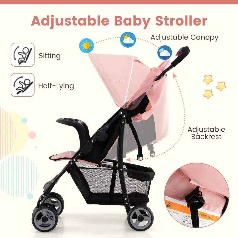 Toddler Travel Stroller for Airplane with Canopy and Adjustable Backrest-Pink - Pink - Baby Strollers