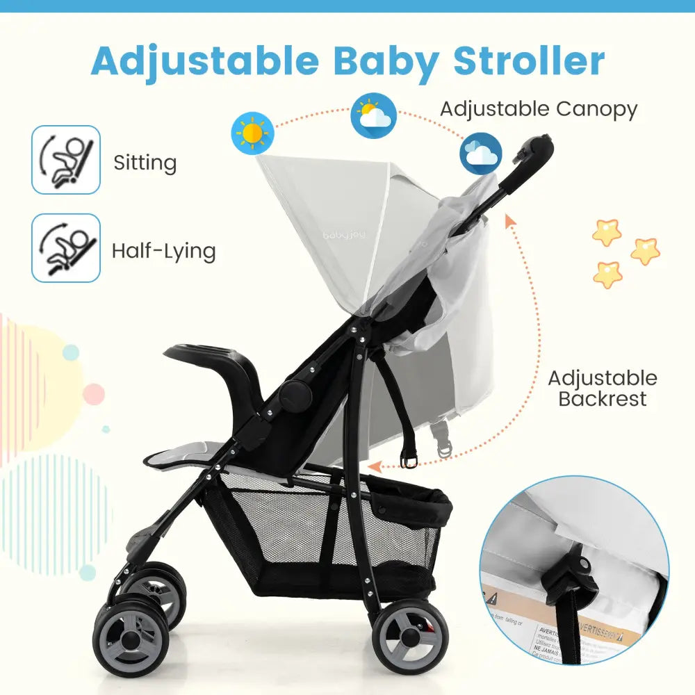Toddler Travel Stroller for Airplane with Canopy and Adjustable Backrest-Gray - Gray - Baby Strollers