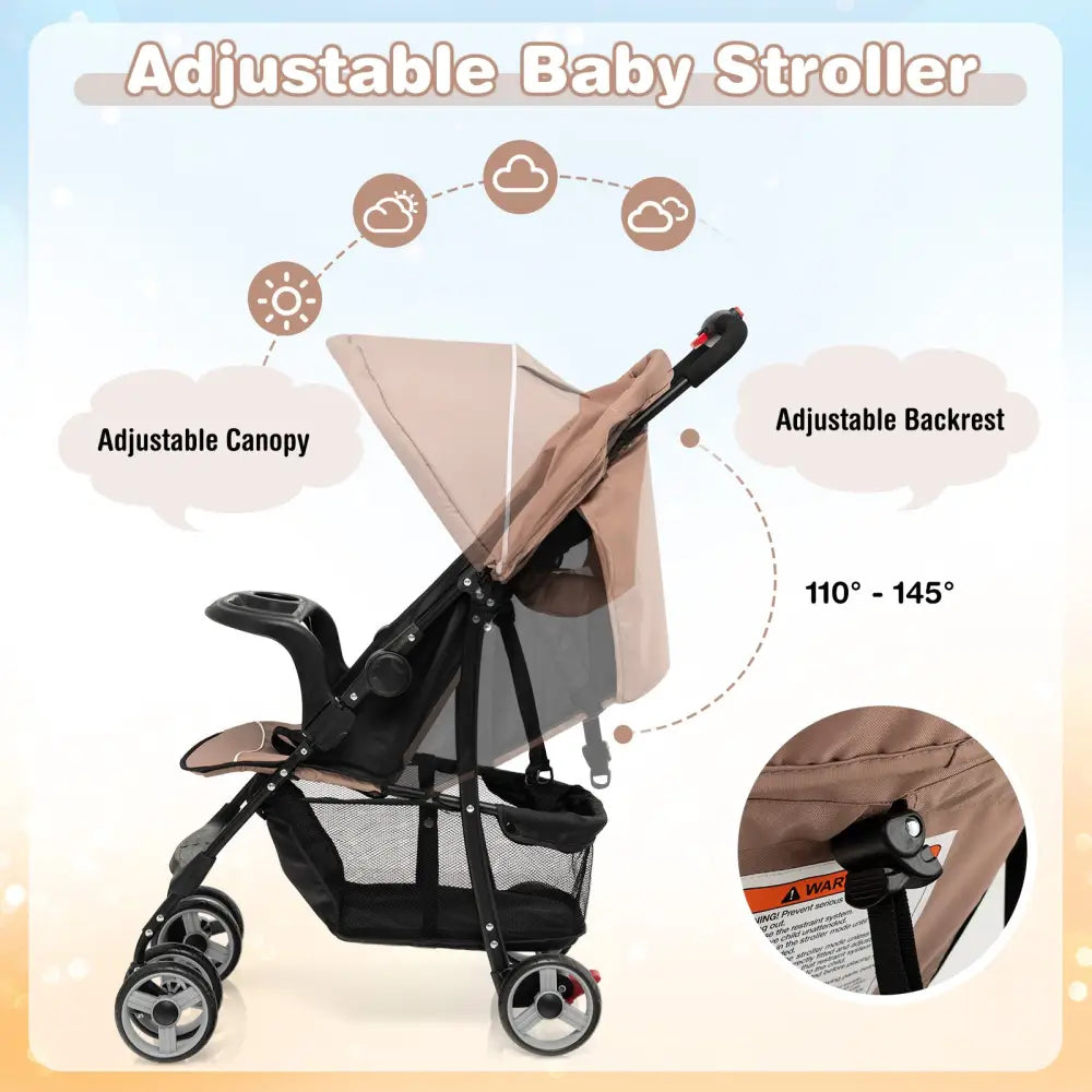 Toddler Travel Stroller for Airplane with Canopy and Adjustable Backrest-Coffee - Brown - Baby Strollers