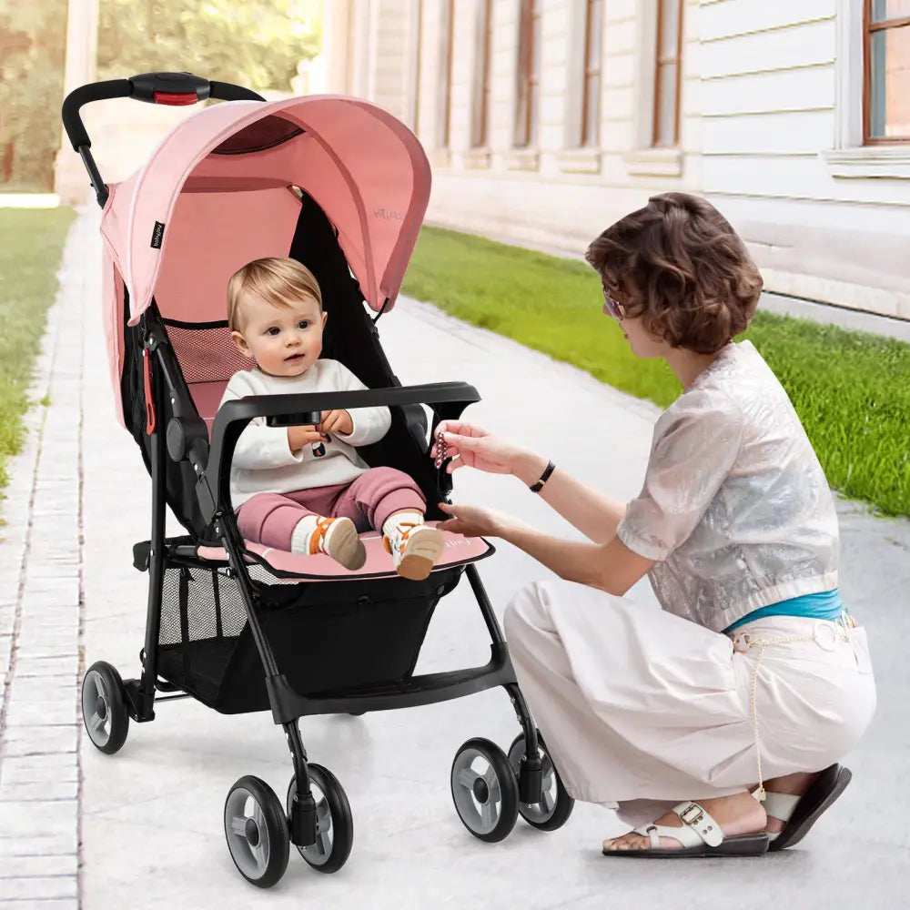 Toddler Travel Stroller for Airplane with Canopy and Adjustable Backrest-Pink - Pink - Baby Strollers