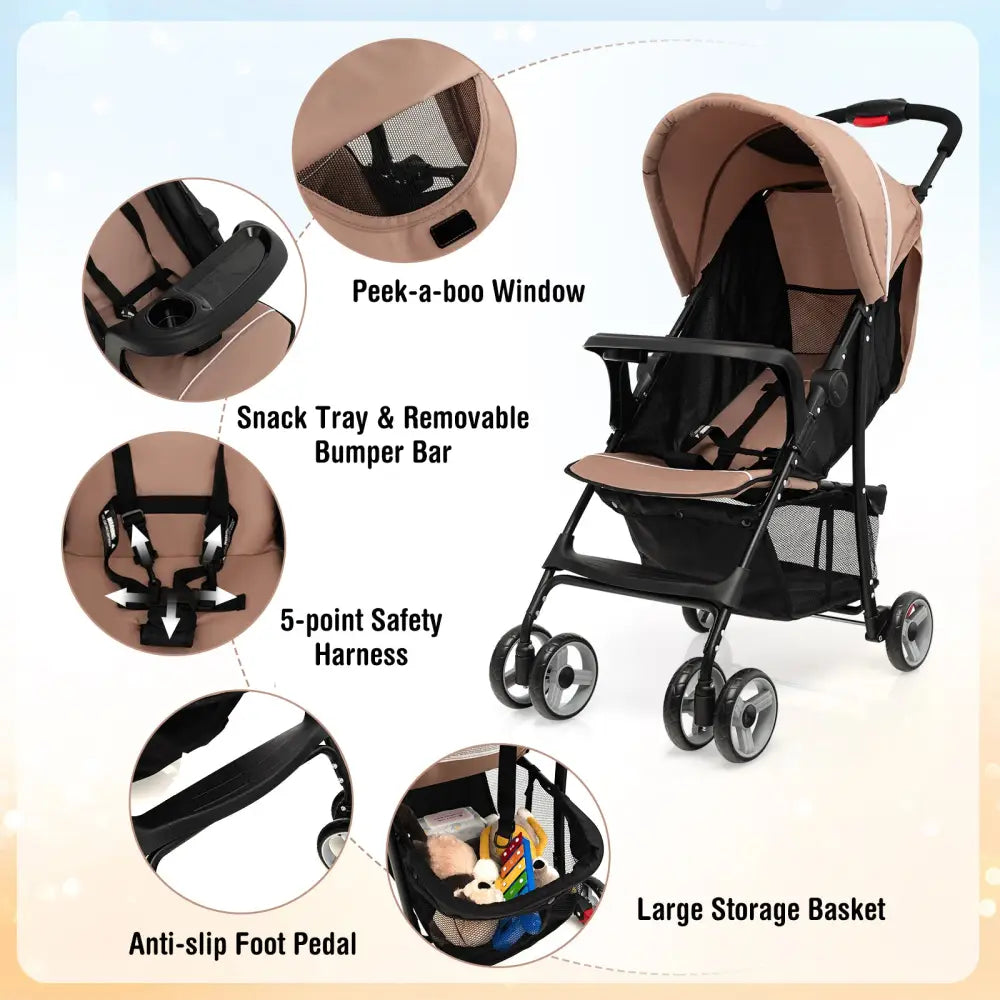 Toddler Travel Stroller for Airplane with Canopy and Adjustable Backrest-Coffee - Brown - Baby Strollers
