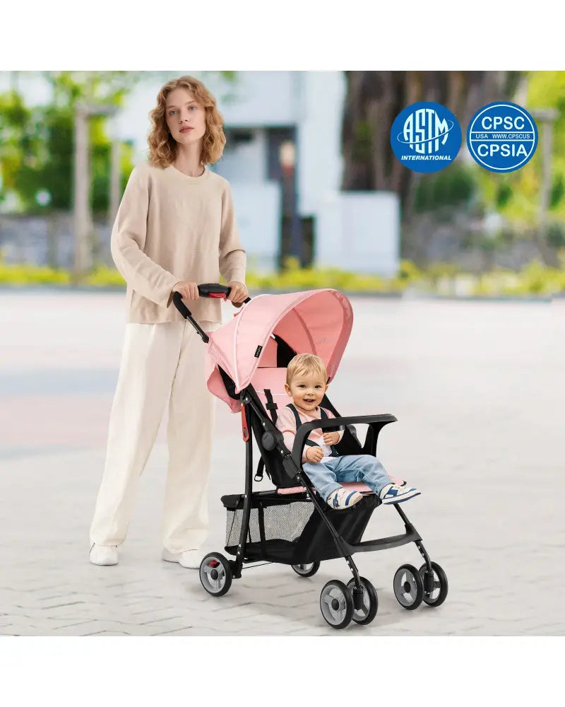 Toddler Travel Stroller for Airplane with Canopy and Adjustable Backrest-Pink - Pink - Baby Strollers