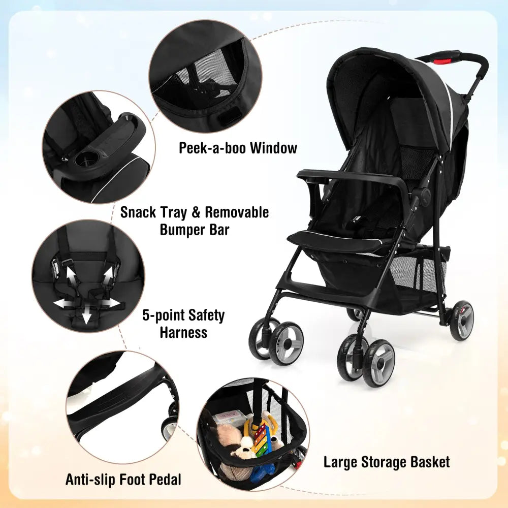 Toddler Travel Stroller for Airplane with Canopy and Adjustable Backrest-Black - Black - Baby Strollers