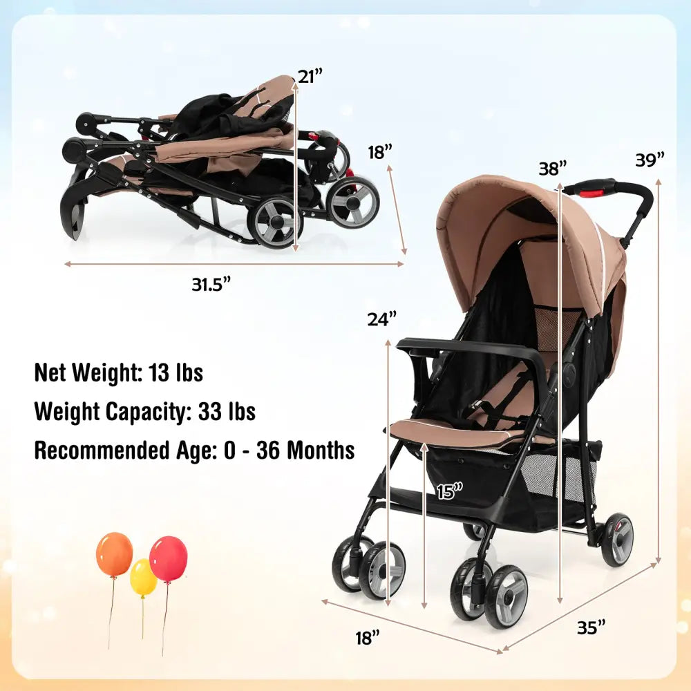 Toddler Travel Stroller for Airplane with Canopy and Adjustable Backrest-Coffee - Brown - Baby Strollers