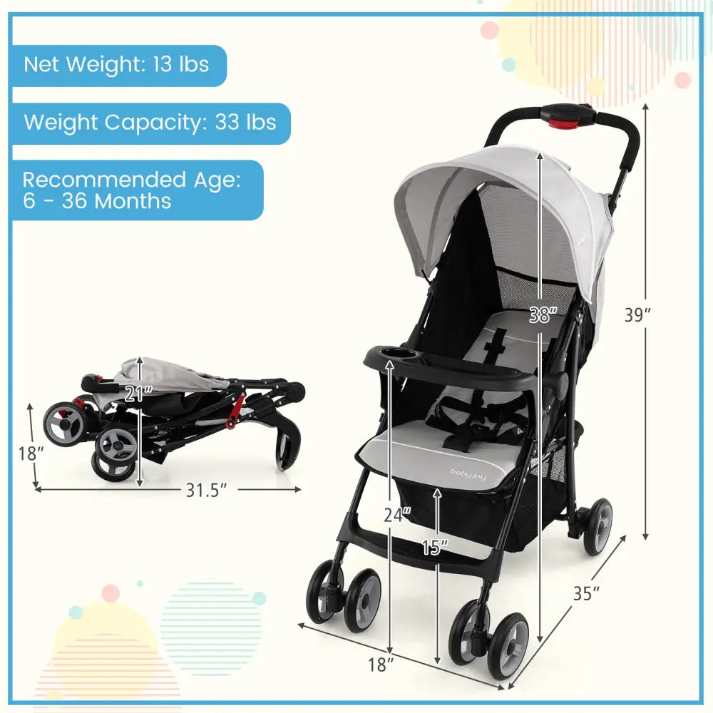 Toddler Travel Stroller for Airplane with Canopy and Adjustable Backrest-Gray - Gray - Baby Strollers