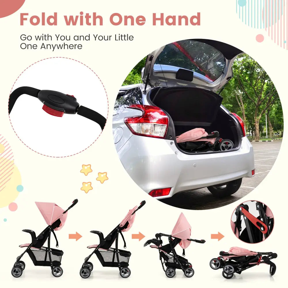Toddler Travel Stroller for Airplane with Canopy and Adjustable Backrest-Pink - Pink - Baby Strollers