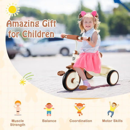 Toddler Tricycle Kids Trike with Adjustable Seat and Basket Aged 3 - 5 Years Old - Beige - Oasis Home Essentials