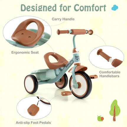 Toddler Tricycle Kids Trike with Adjustable Seat and Basket Aged 3 - 5 Years Old - Green - Oasis Home Essentials