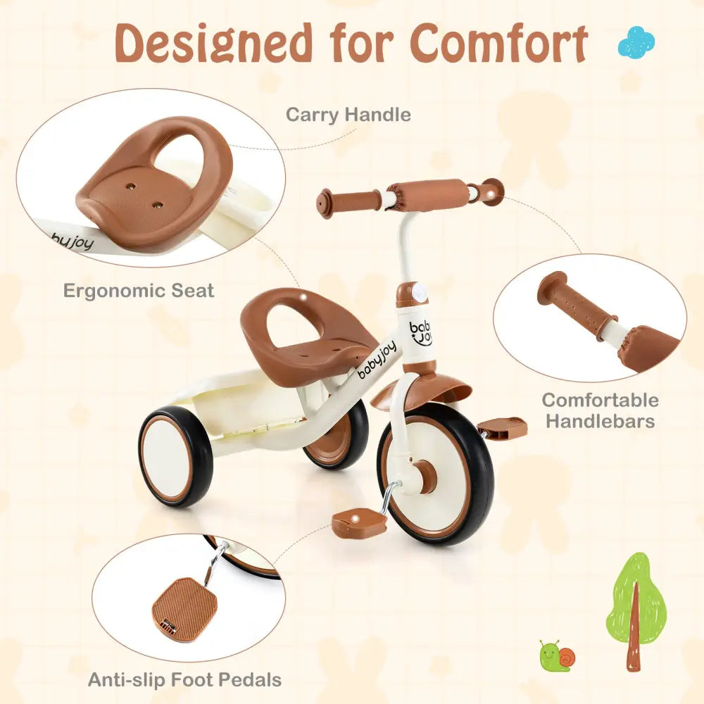 Toddler Tricycle Kids Trike with Adjustable Seat and Basket Aged 3-5 Years Old-Beige - Beige - Push & Pedal Ride On Toys