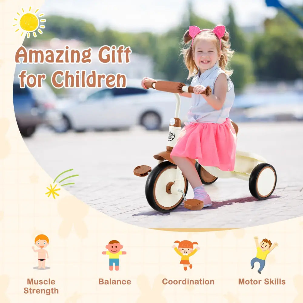 Toddler Tricycle Kids Trike with Adjustable Seat and Basket Aged 3-5 Years Old-Beige - Beige - Push & Pedal Ride On Toys