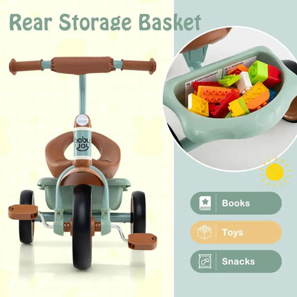Toddler Tricycle Kids Trike with Adjustable Seat and Basket Aged 3 - 5 Years Old - Green - Oasis Home Essentials