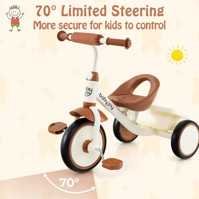 Toddler Tricycle Kids Trike with Adjustable Seat and Basket Aged 3 - 5 Years Old - Beige - Oasis Home Essentials