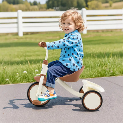 Toddler Tricycle Kids Trike with Adjustable Seat and Basket Aged 3 - 5 Years Old - Beige - Oasis Home Essentials
