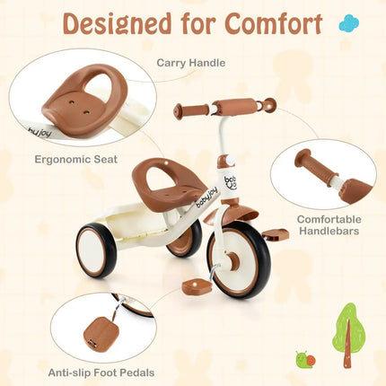 Toddler Tricycle Kids Trike with Adjustable Seat and Basket Aged 3 - 5 Years Old - Beige - Oasis Home Essentials