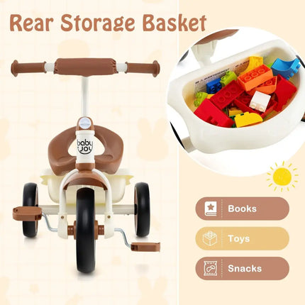 Toddler Tricycle Kids Trike with Adjustable Seat and Basket Aged 3 - 5 Years Old - Beige - Oasis Home Essentials