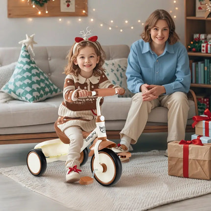 Toddler Tricycle Kids Trike with Adjustable Seat and Basket Aged 3 - 5 Years Old - Beige - Oasis Home Essentials