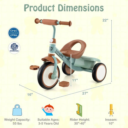 Toddler Tricycle Kids Trike with Adjustable Seat and Basket Aged 3 - 5 Years Old - Green - Oasis Home Essentials