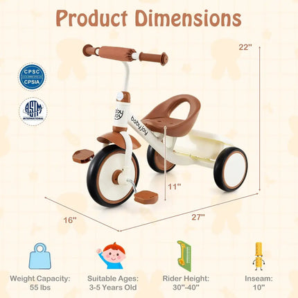 Toddler Tricycle Kids Trike with Adjustable Seat and Basket Aged 3 - 5 Years Old - Beige - Oasis Home Essentials