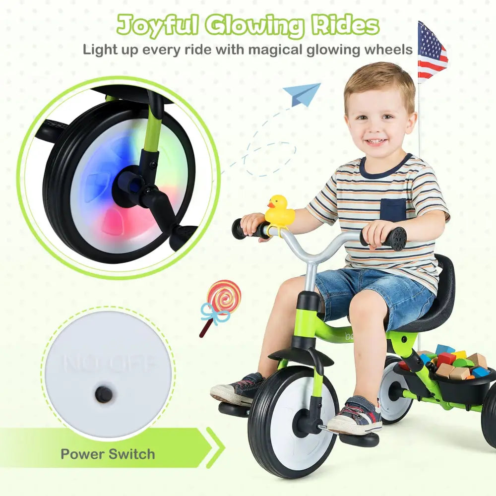 Toddler Tricycle with 3-Position Seat and Storage Basket for Kids-Green - Green - Push & Pedal Ride On Toys