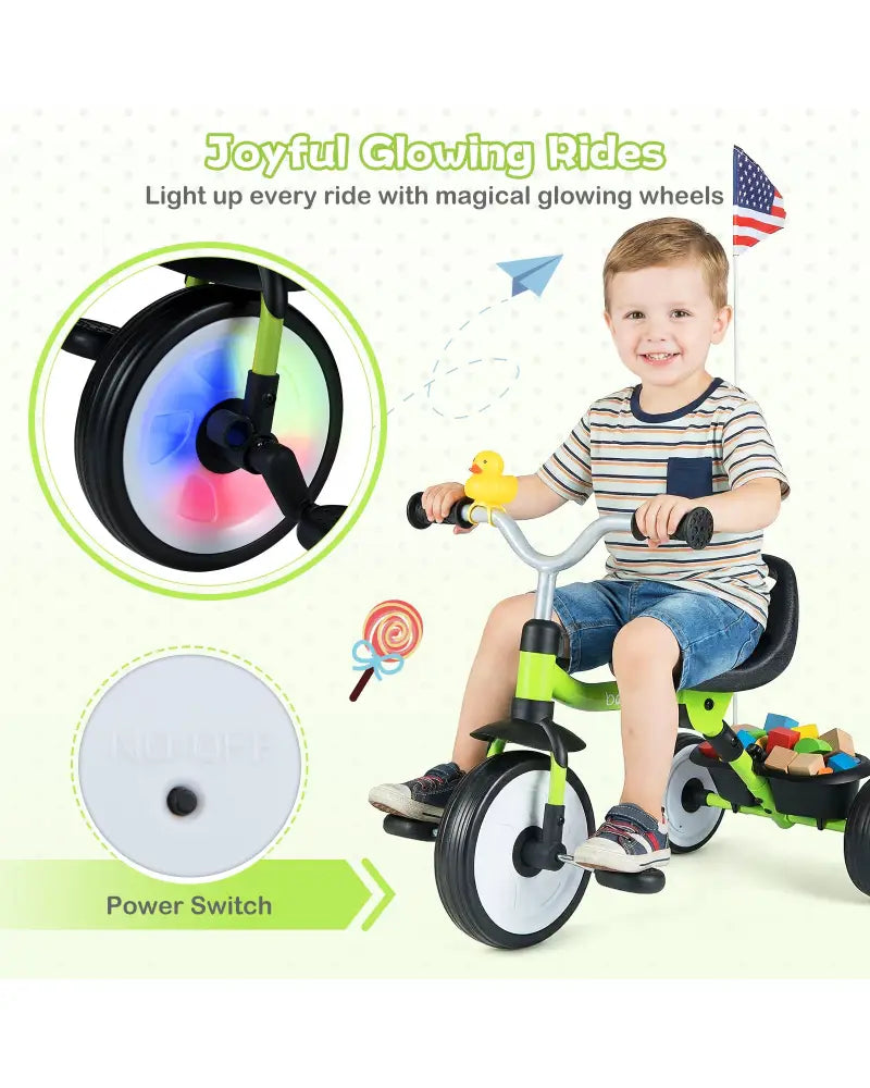 Toddler Tricycle with 3-Position Seat and Storage Basket for Kids-Green - Green - Push & Pedal Ride On Toys