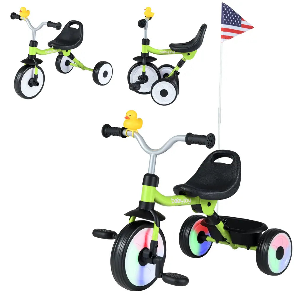 Toddler Tricycle with 3-Position Seat and Storage Basket for Kids-Green - Green - Push & Pedal Ride On Toys