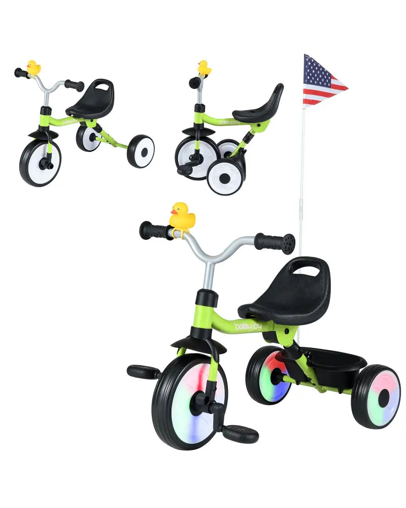Toddler Tricycle with 3-Position Seat and Storage Basket for Kids-Green - Green - Push & Pedal Ride On Toys