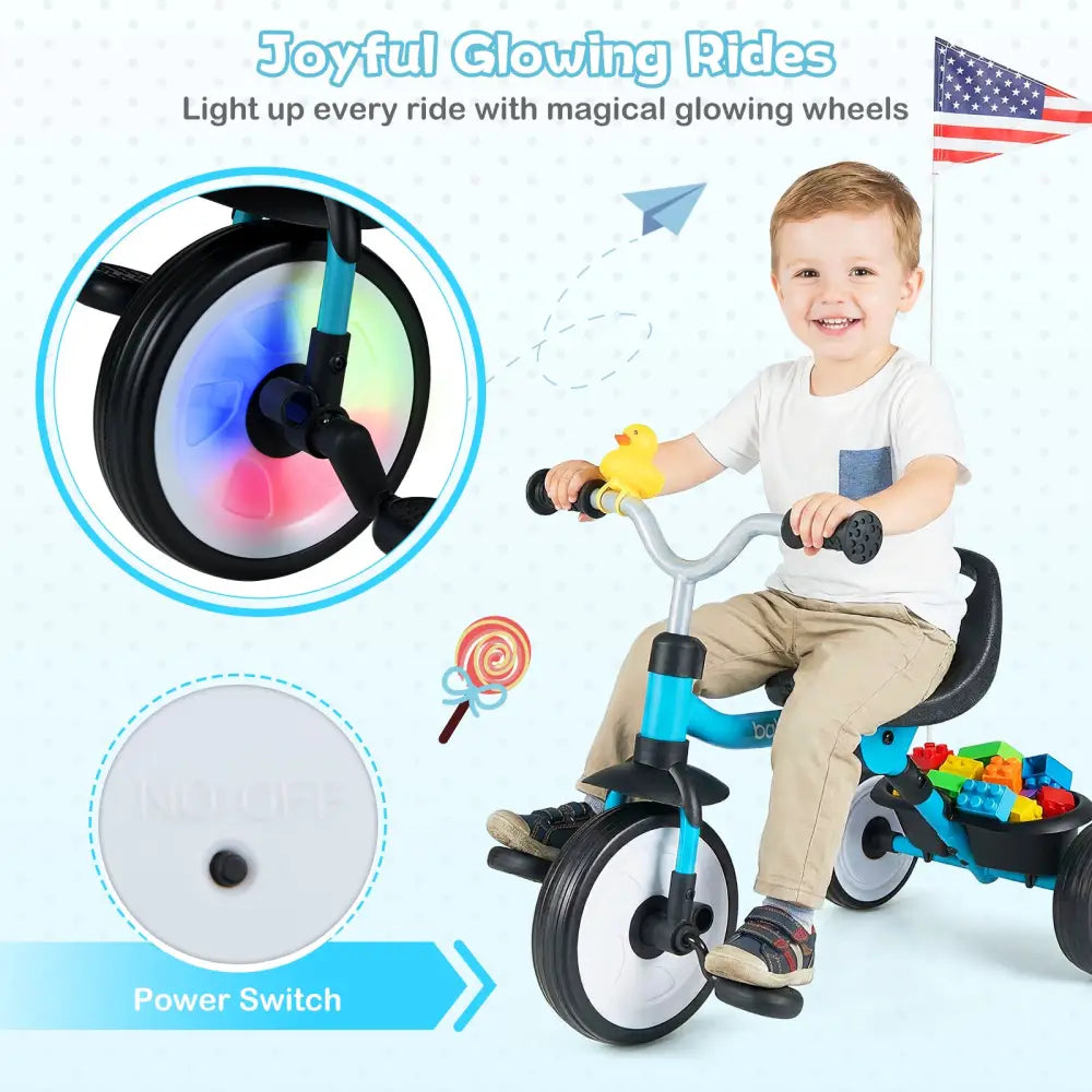 Toddler Tricycle with 3-Position Seat and Storage Basket for Kids-Blue - Blue - Push & Pedal Ride On Toys
