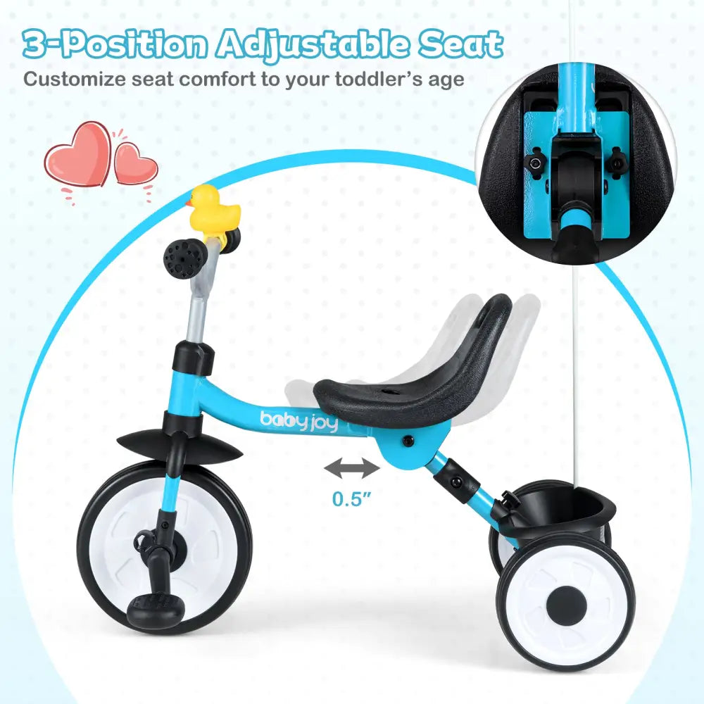 Toddler Tricycle with 3-Position Seat and Storage Basket for Kids-Blue - Blue - Push & Pedal Ride On Toys