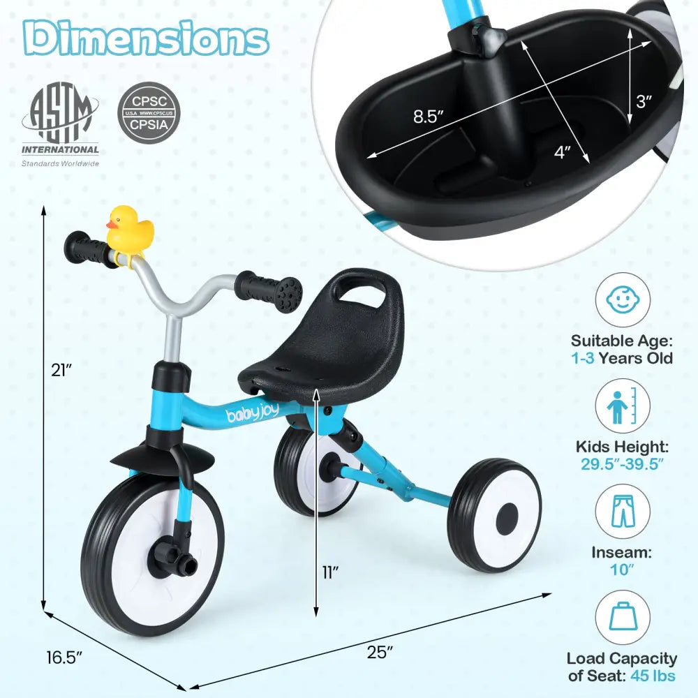 Toddler Tricycle with 3-Position Seat and Storage Basket for Kids-Blue - Blue - Push & Pedal Ride On Toys