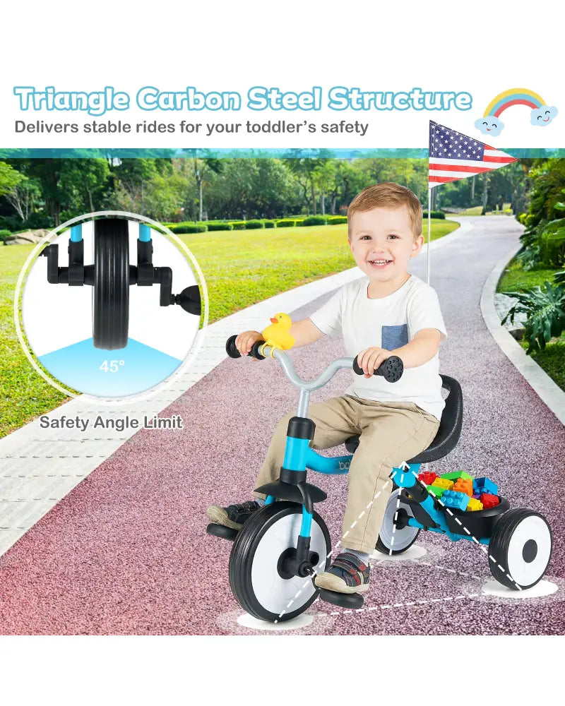 Toddler Tricycle with 3-Position Seat and Storage Basket for Kids-Blue - Blue - Push & Pedal Ride On Toys
