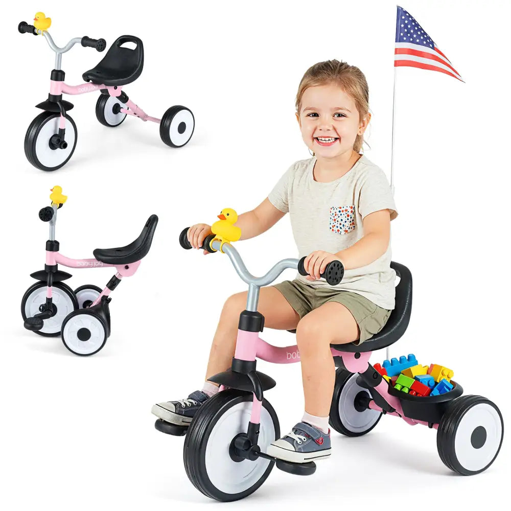 Toddler Tricycle with 3-Position Seat and Storage Basket for Kids-Pink - Pink - Push & Pedal Ride On Toys